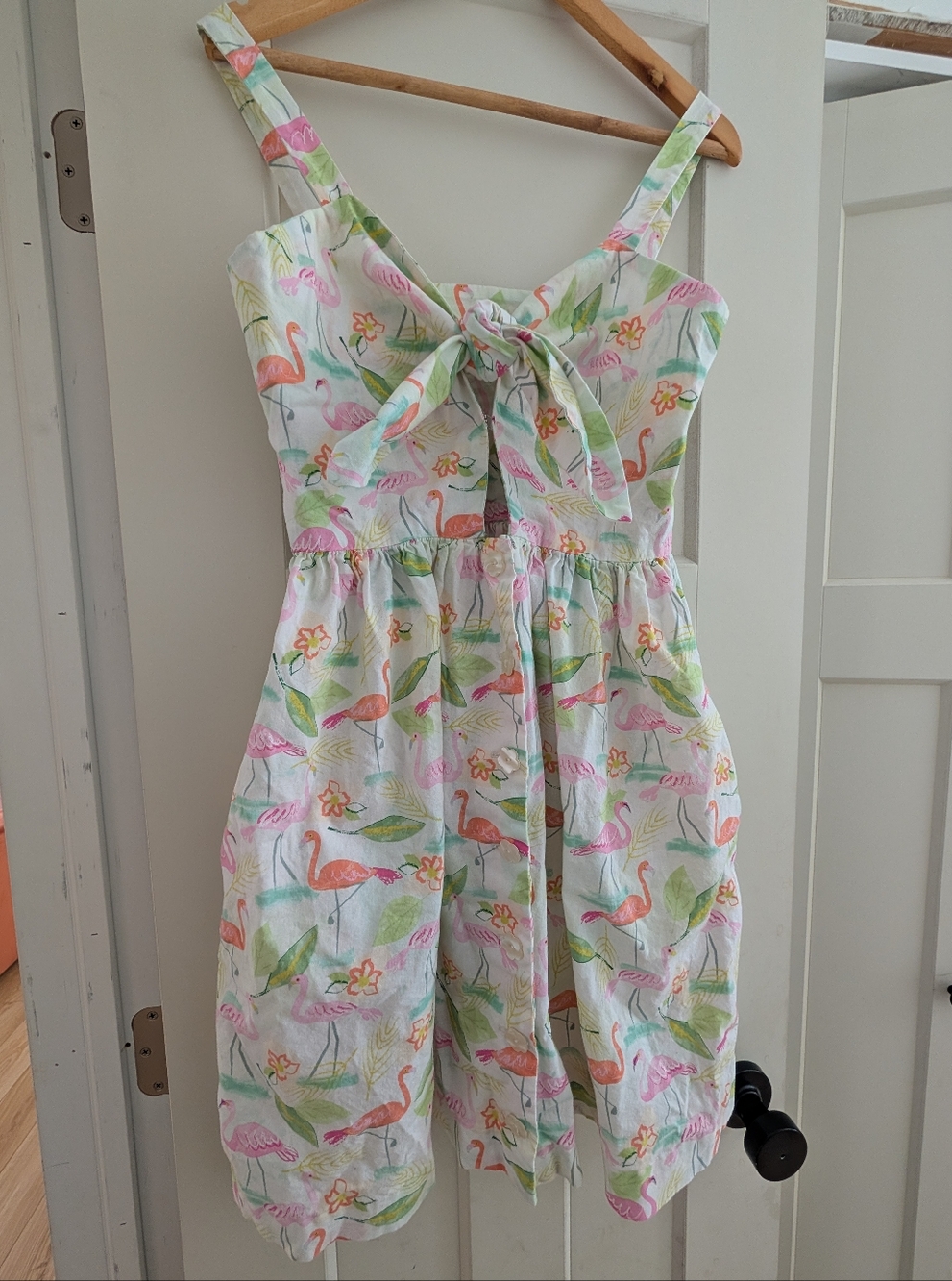 White Flamingo Print Sundress with Tie Front